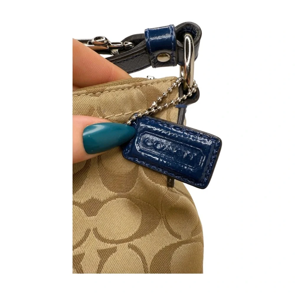Coach 2012 Signature Jacquard Shoulder Bag Blue Leather Trim Turnlock F12699